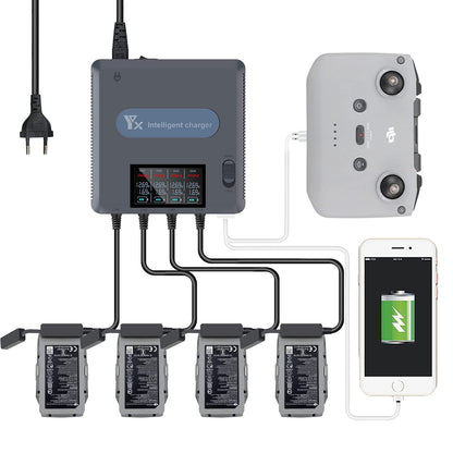 LYONGTECH LCD display battery charger for DJI Air 2S, Mavic Air 2 drone, charges 4 batteries and 2 USB ports simultaneously, 6 in 1 parallel battery charging station hub accessory.