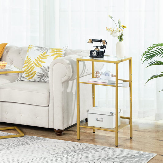 HOOBRO Side Table Gold, Telephone Table, 3-Tier Nightstand with Tempered Glass Top and Grid, Coffee Table for Living Room, Bedroom, Gold Color EGD04DH01