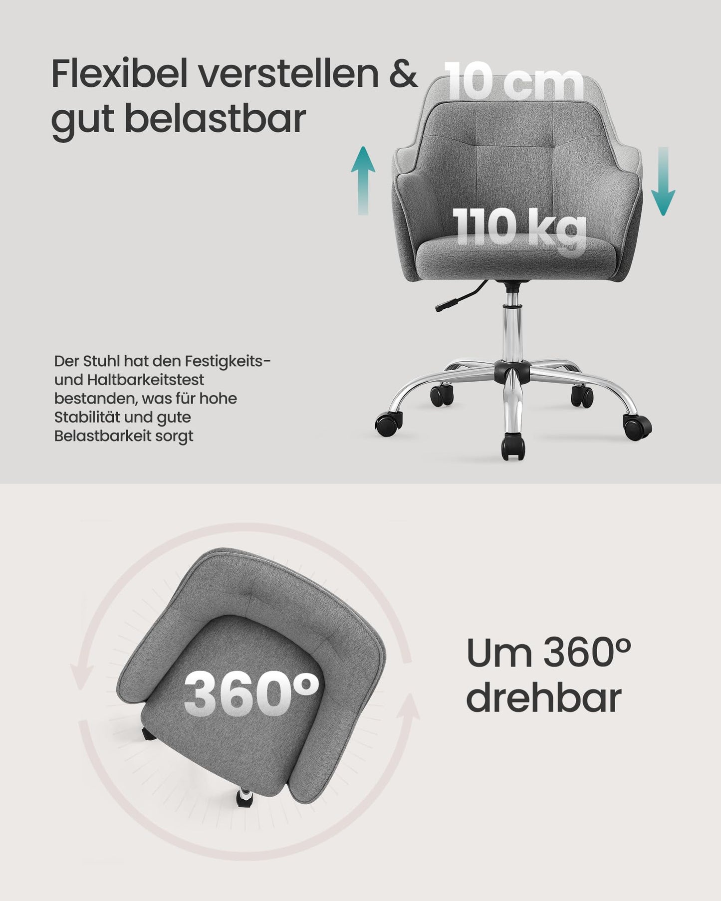 SONGMICS Home Office Chair, Swivel Desk Chair, Height Adjustable, Supports up to 110 kg, Breathable Fabric, for Study Room, Bedroom, Grey OBG019G01