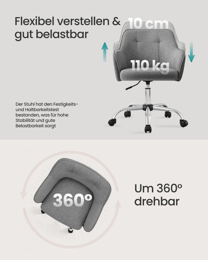 SONGMICS Home Office Chair, Swivel Desk Chair, Height Adjustable, Supports up to 110 kg, Breathable Fabric, for Study Room, Bedroom, Grey OBG019G01