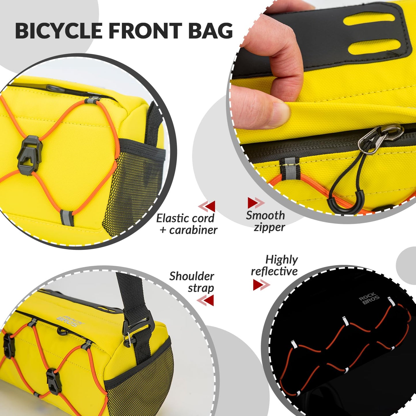 ROCKBROS handlebar bag for bike, front handlebar bag 2.2L with shoulder strap, water-resistant & reflective, suitable for MTB, road bike, gravel, E-Bike, and city bike, yellow.