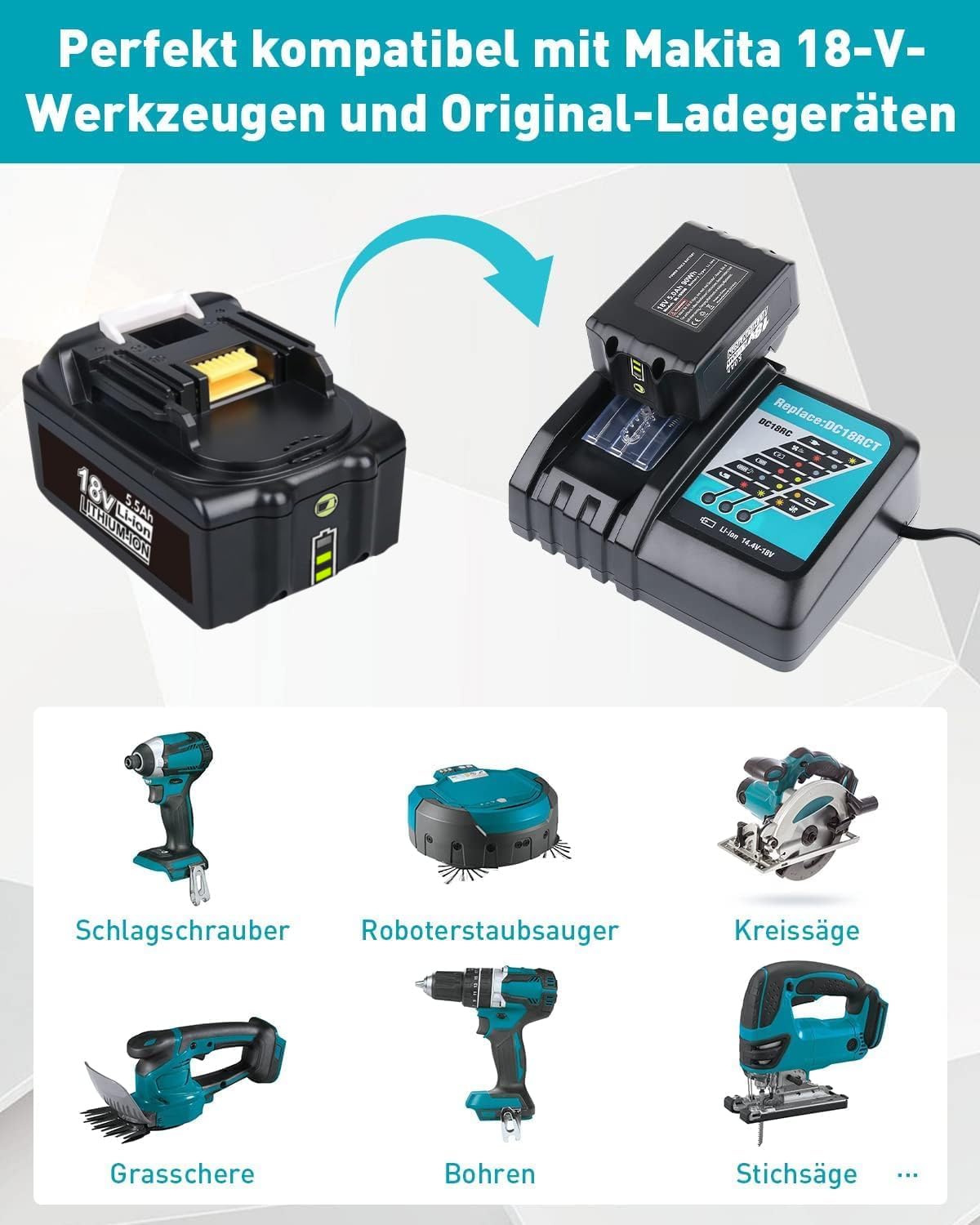 Replacement battery for Makita 18V BL1850B 5.5Ah with charger. Replacement for charger 18V DC18RC. Compatible with Makita 14.4V-18V BL1860 BL1850B BL1815 BL1430B BL1415 tool battery.