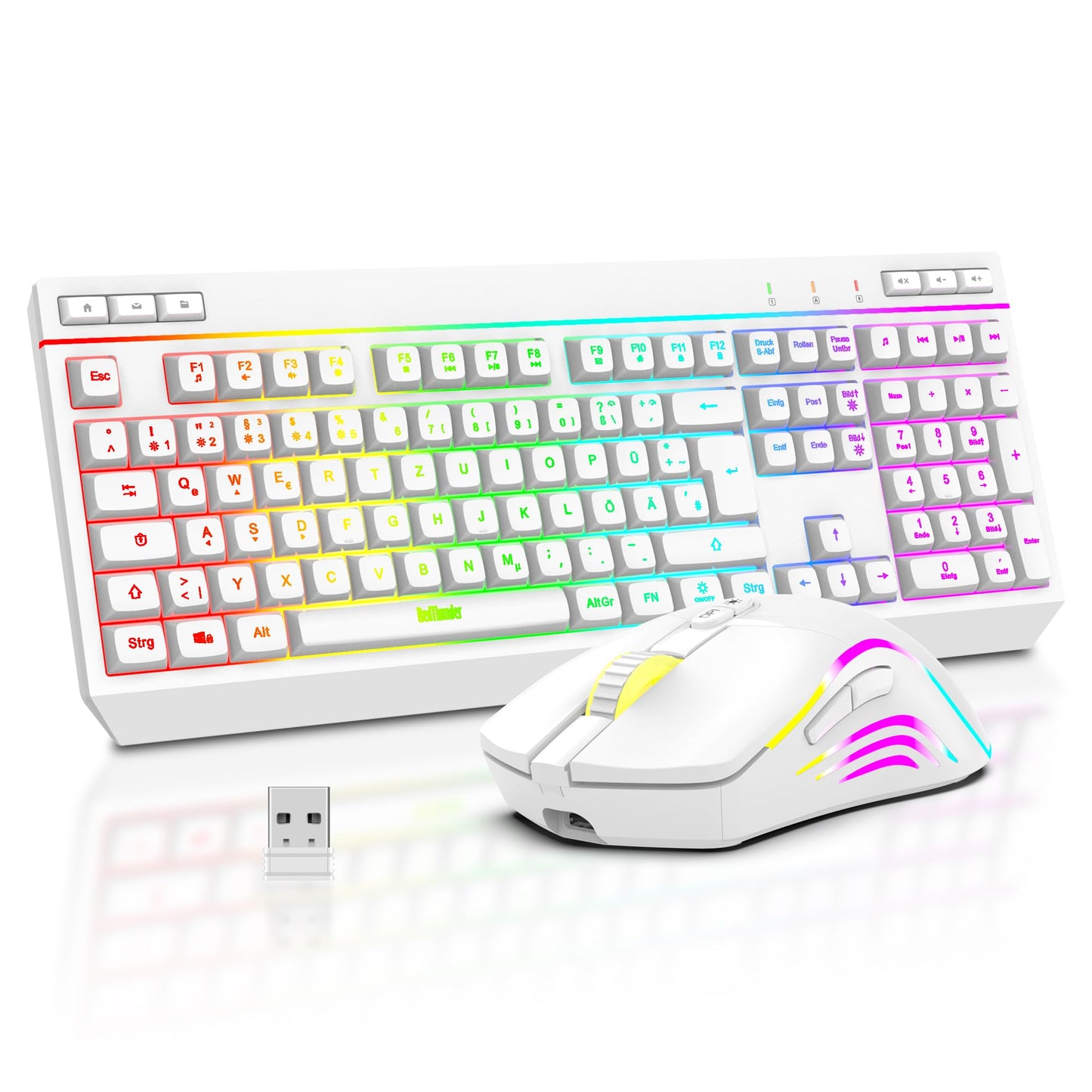 RedThunder K20 Wireless Gaming Keyboard and Mouse Set, QWERTZ DE Layout, RGB Backlight + Multimedia Function Keys, 4800 DPI Wireless Mouse for PC Mac Laptop (White)