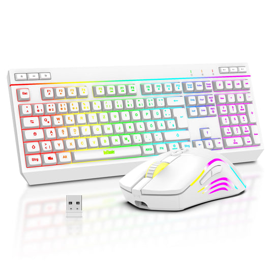 RedThunder K20 Wireless Gaming Keyboard and Mouse Set, QWERTZ DE Layout, RGB Backlight + Multimedia Function Keys, 4800 DPI Wireless Mouse for PC Mac Laptop (White)