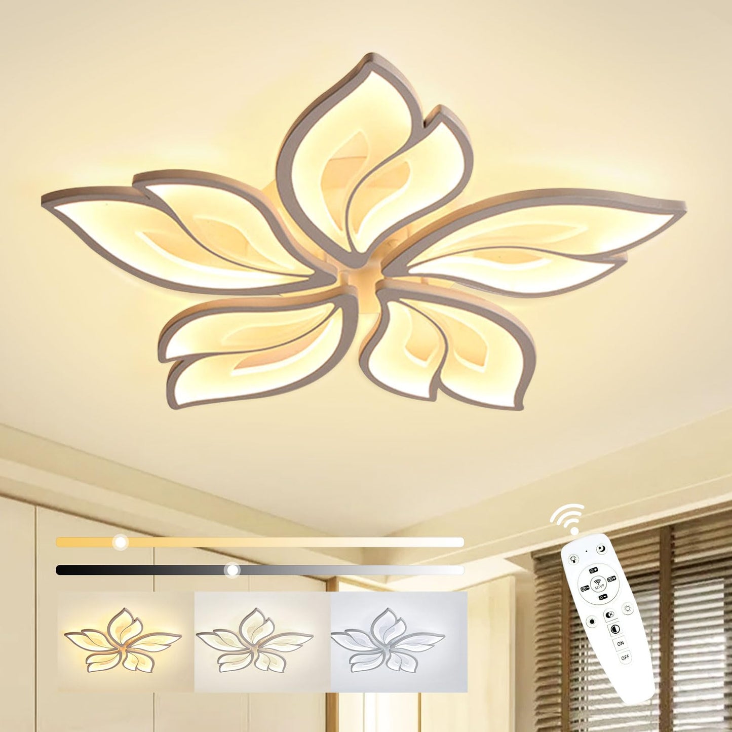 Sky angle LED Ceiling Light with Remote Control Dimmable Bedroom Lamp, Creative Flower Shape Design Living Room Ceiling Light (5 Heads/Ø63cm/24.8in)