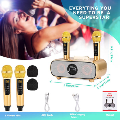 Karaoke Machine, Bluetooth karaoke system for adults and children, portable PA system with 2 microphones, speaker with phone holder/USB/TF-card/AUX-In, for home parties, picnics, outdoor/indoor (Gold)