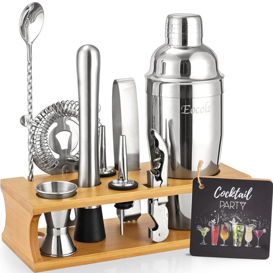Cocktail shaker set with bamboo stand & recipe book, stainless steel 750ml bar cocktail shaker with bar accessories tools, 11 piece cocktail mix set for bartender gift women