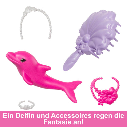 Barbie Mermaid Doll - Inspired by the TV series "Barbie: A Hidden Magic", with color-changing effect and accessories, 19 cm long pink hair for styling, for children aged 3 and up, HRP97