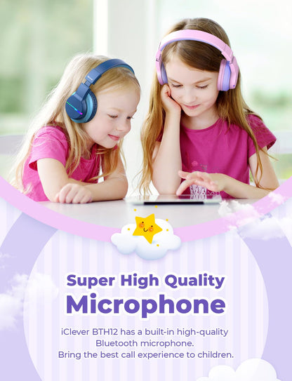 iClever Bluetooth Kids Headphones, Colored LED Lights, Over-Ear Kids Headphones with 74/85dBA Volume Limiting, 85 Hours Playtime, Bluetooth 5.2, Built-in Microphone BTH12