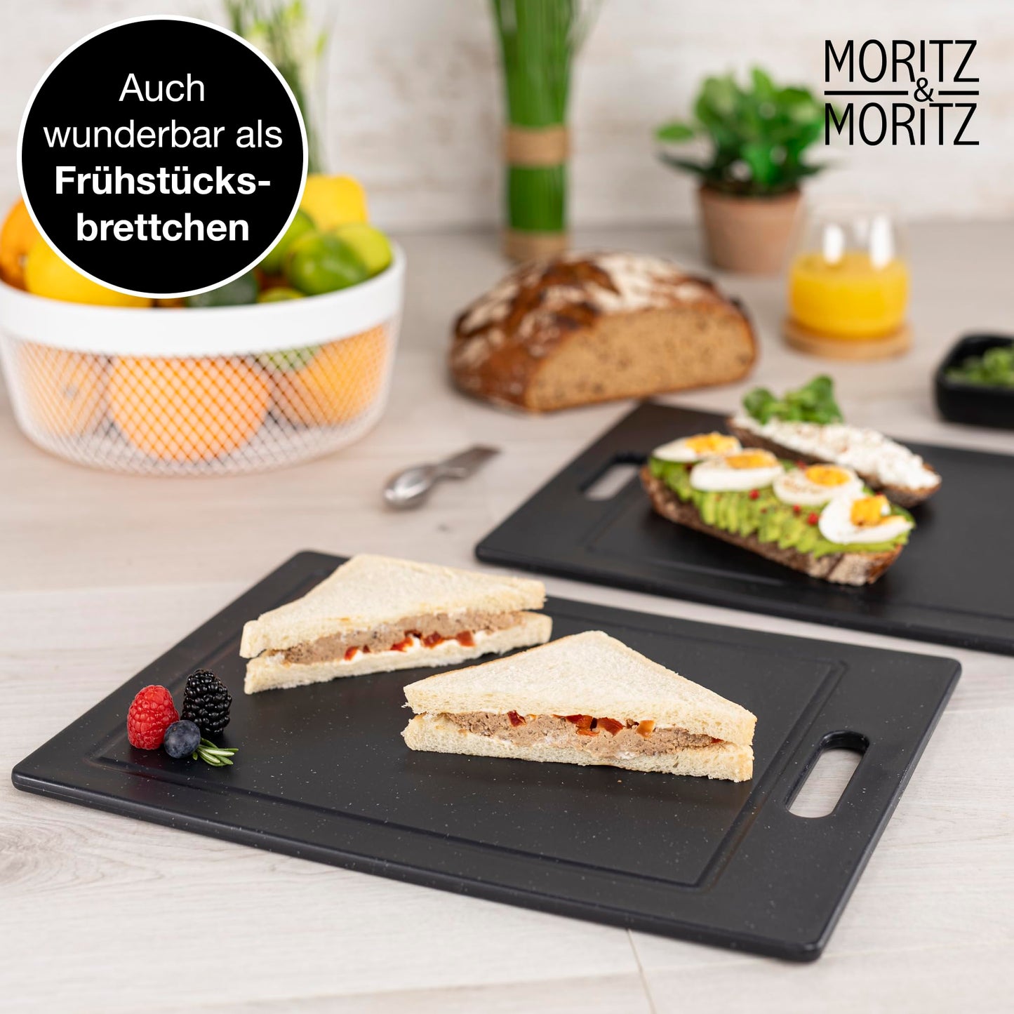 Moritz & Moritz 2x Plastic Cutting Boards - 36 x 27.5 cm - BPA-free Cutting Boards - Granite-style Kitchen Boards - Cutting Board with Non-slip Feet, Grip Opening - Cutting Board with Juice Groove