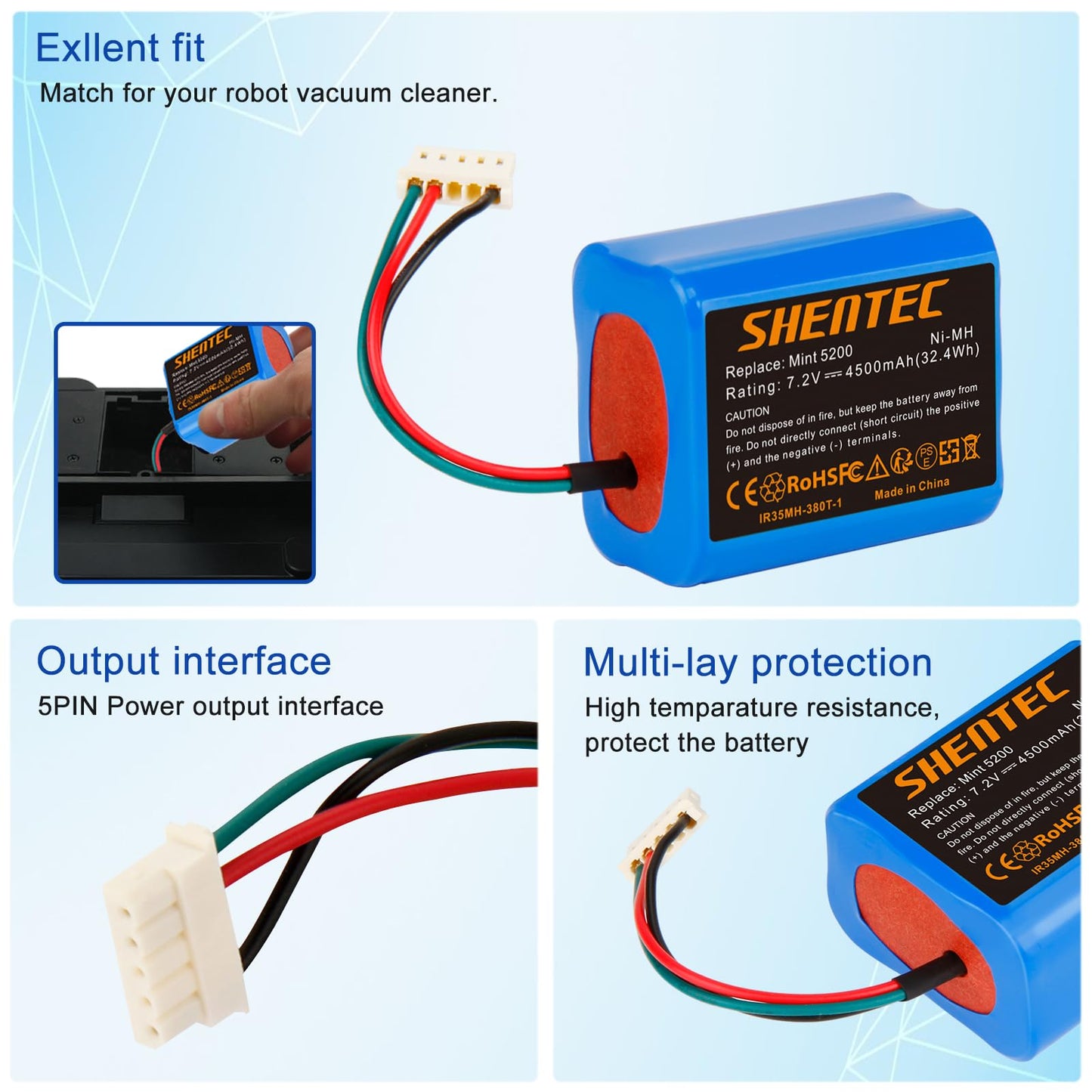 Shentec 7.2V 4500mAh NI-MH Replacement Battery for iRobot Braava Battery 380 380T 390 390T Mint 5200 5200B 5200C