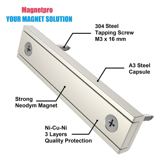 Magnetpro 8pcs Rectangle Magnets 30KG Force 60x13.5x5mm with Hole and Steel Cap, Home and Industrial Pot Magnet with Screws