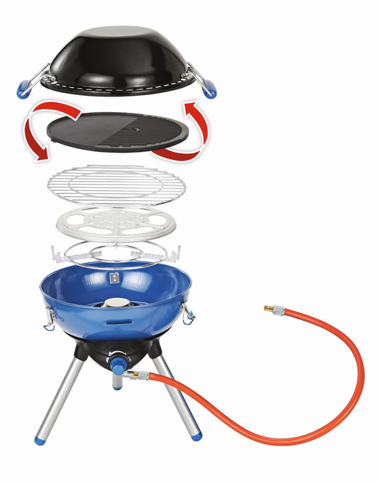 Campingaz Party Grill 400 Caravan, small camping grill for use with caravan gas connection, gas grill with versatile cooking options, gas cooker with non-stick coated grill plate and pot holder.