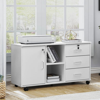 CLIPOP Rolling File Cabinet Office Cabinet with Wheels, Mobile Filing Cabinet Lockable with 3 Drawers, Closed and Open Storage Space, Under Desk Cabinet for A4 Paper, Letters, Files, White