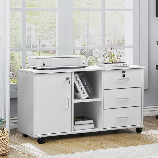 CLIPOP Rolling File Cabinet Office Cabinet with Wheels, Mobile Filing Cabinet Lockable with 3 Drawers, Closed and Open Storage Space, Under Desk Cabinet for A4 Paper, Letters, Files, White