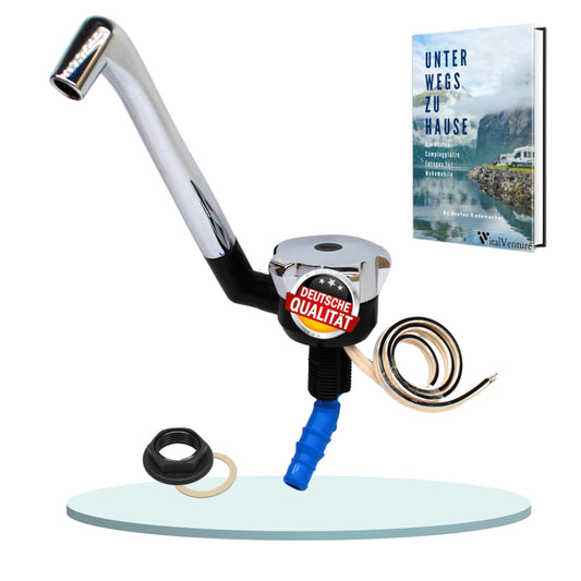 Comet faucet NOVO 12v for RV - With 10 mm connection (cold), Black/Chrome, Compact camping faucet suitable with pump, Ideal for RV sinks.
