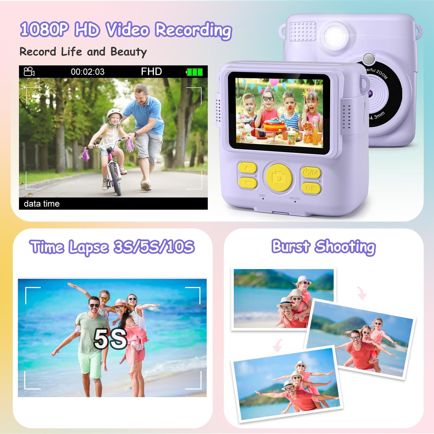 GREENKINDER Kids Camera Instant Camera, 1080P 2.4 Inch Instant Camera for Kids with Printing Paper & 32G Card, Kids Digital Camera with Colored Pens, Gift for Boys and Girls 3-12 Years