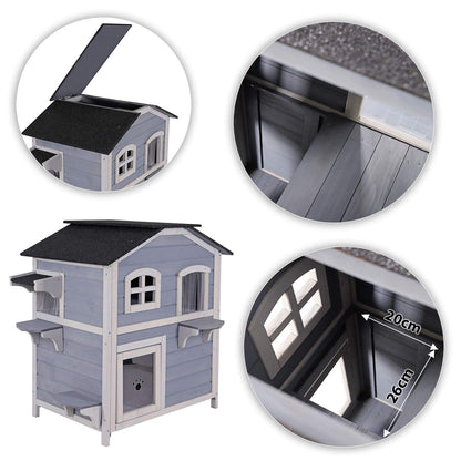 Lionto cat villa made of fir wood with bitumen roof for indoor and outdoor use, two-story cat house with steps, 80x55x90 cm, slatted curtain and windows, suitable for large cats, gray/white.