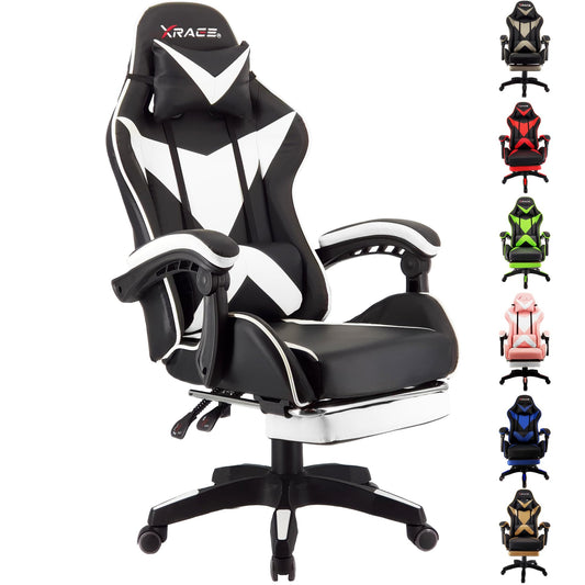 xRace Gaming Chair, Office Chair, Ergonomic PC Chair, Gaming Armchair made of Leather with Lumbar Support, Adjustable Swivel, Task Chairs with Footrest and Headrest, White