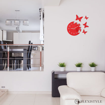 FLEXISTYLE z4c_3 Large Modern Wall Clock Butterfly Red round 30cm, 3D DIY, Living Room, Bedroom, Kids Room