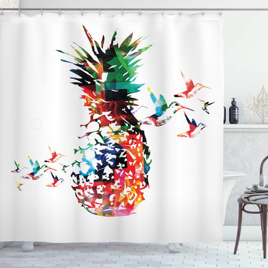 ABAKUHAUS Pineapple Shower Curtain, Modern Geometric Art, Fabric Bathroom Decor Set with Hooks, 175 x 240 cm, White Green Red