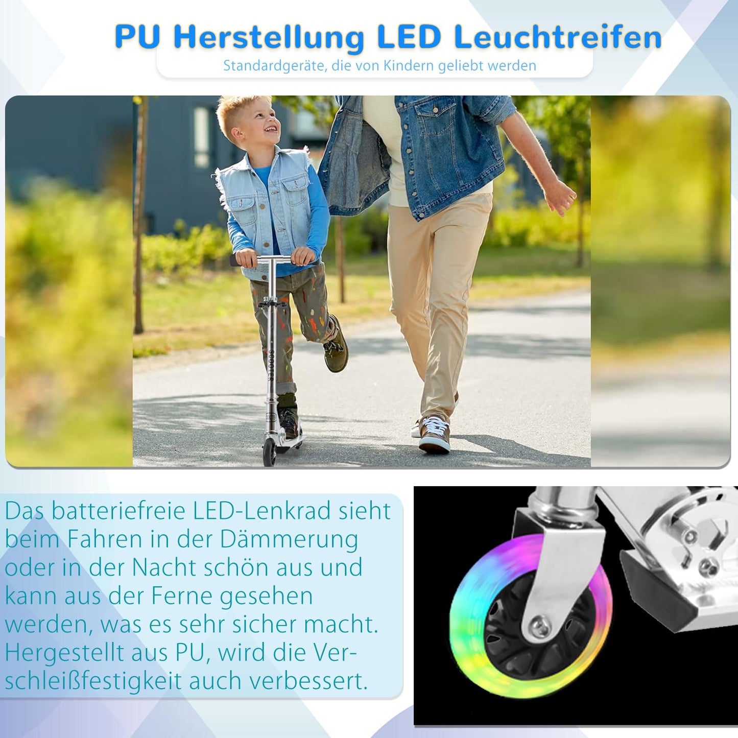 TENBOOM Kids Scooter 6 years, with 2 LED light-up wheels. Foldable and height adjustable, with rear brake. Suitable for boys and girls aged 3-10.