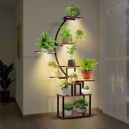 REAWOW Large Flower Stairs with Plant Lamp, 9-Tier Metal Plant Stand for Multiple Plants Wooden Plant Shelf for Indoor Plants, Living Room, Patio, Balcony