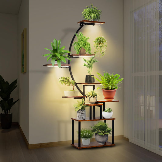 REAWOW Large Flower Stairs with Plant Lamp, 9-Tier Metal Plant Stand for Multiple Plants Wooden Plant Shelf for Indoor Plants, Living Room, Patio, Balcony