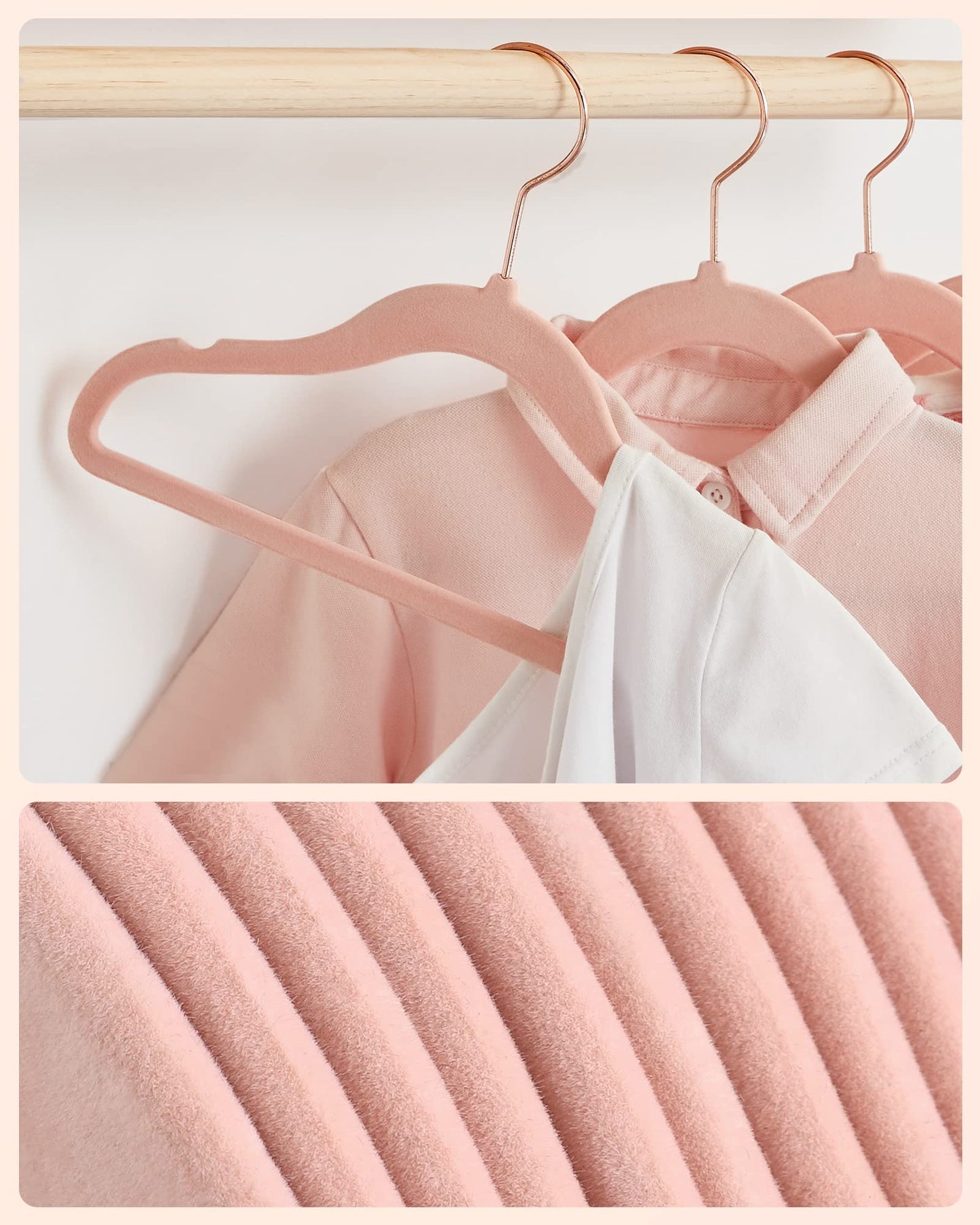 SONGMICS Kids Velvet Hangers, Set of 50 Baby Hangers with 360° Rotatable Hook in Rose Gold, Space-Saving and Non-Slip, for Closet Organization, Pastel Pink CRF027P01