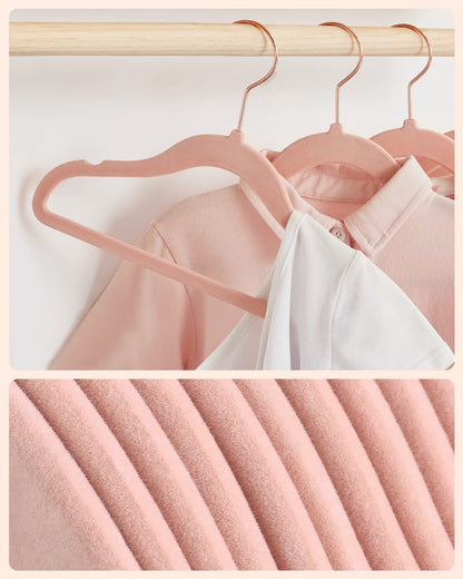SONGMICS Kids Velvet Hangers, Set of 50 Baby Hangers with 360° Rotatable Hook in Rose Gold, Space-Saving and Non-Slip, for Closet Organization, Pastel Pink CRF027P01