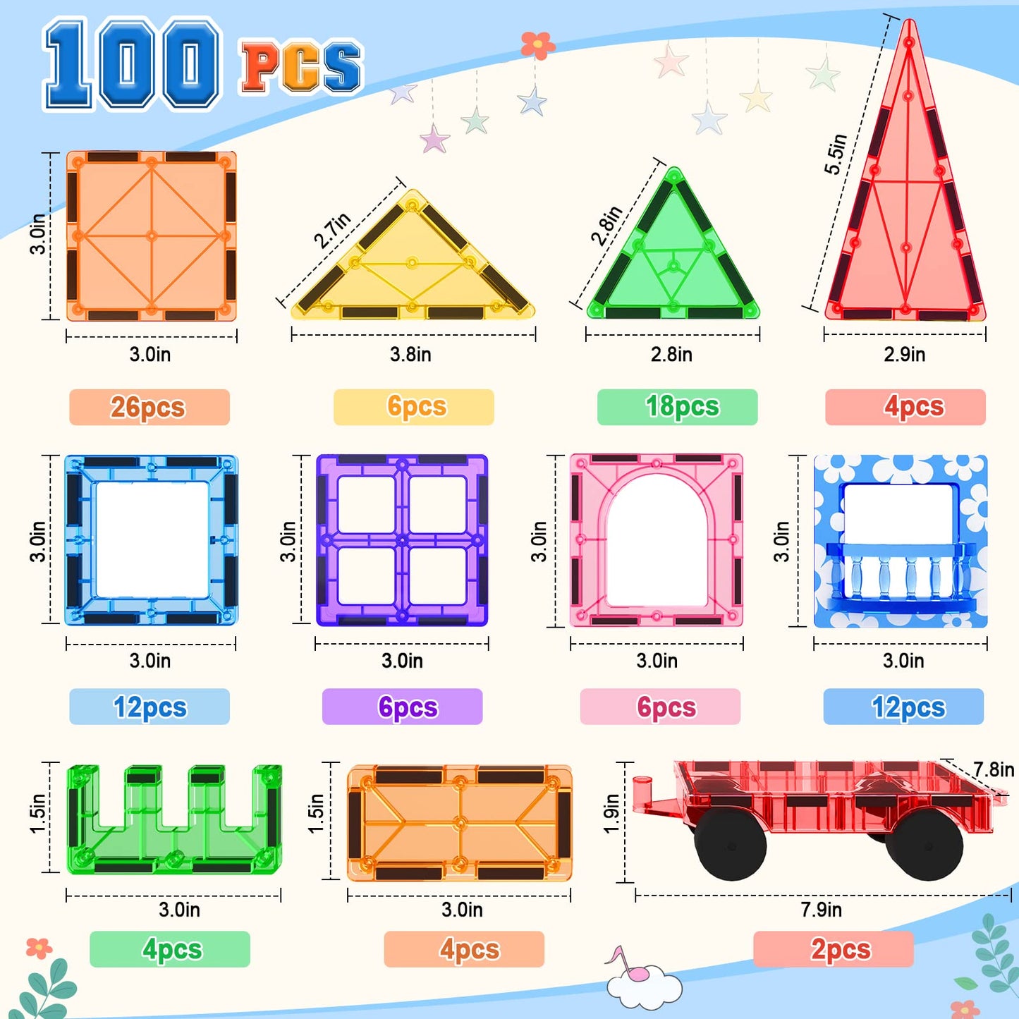 100 Magnetic Tiles STEM Building Toys with 2 cars, Sensory Magnetic Building Blocks for toddlers and kids, Preschool Montessori Toy Gifts for 3+ years old boys and girls.