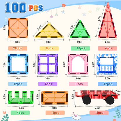 100 Magnetic Tiles STEM Building Toys with 2 cars, Sensory Magnetic Building Blocks for toddlers and kids, Preschool Montessori Toy Gifts for 3+ years old boys and girls.