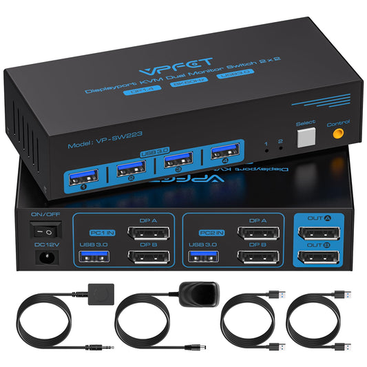 CMSTEDCD 8K60Hz DisplayPort KVM Switch allows you to control 2 PCs with 2 monitors and 4 USB 3.0 ports. Supports 4K@120Hz, dual computer compatibility with Windows and Linux. Includes desktop controller.