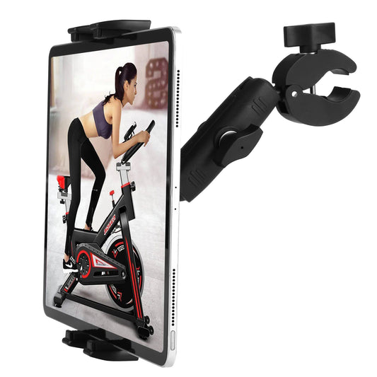 Treadmill tablet iPad holder, bike handlebar mount clamp for stationary bike, elliptical, spin bike, Peloton, stroller for 4-13 inch devices, iPad Pro 12.9, Air, Mini, Galaxy Tabs, iPhone