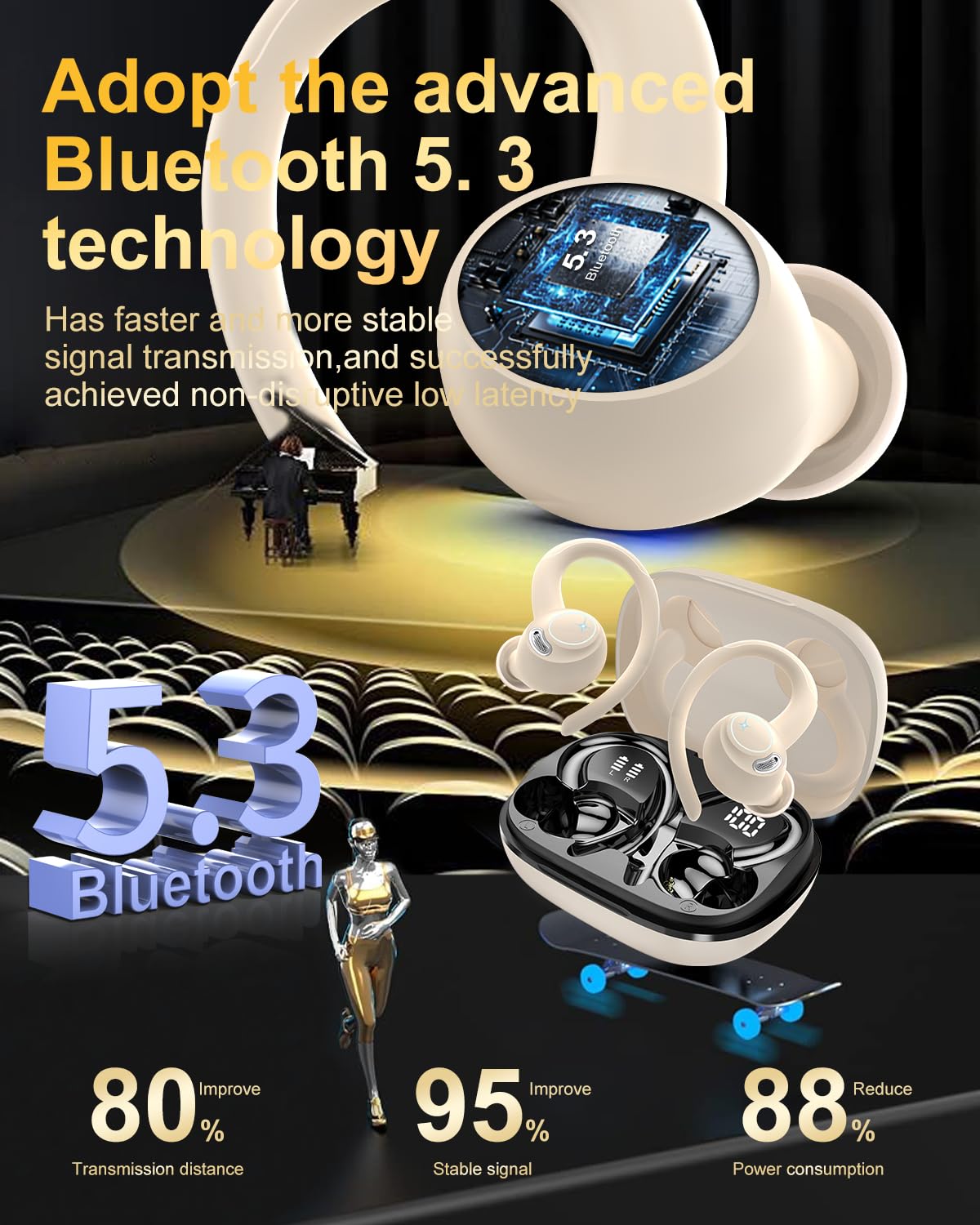 Bluetooth Sport Earphones, Wireless in-Ear Headphones with Bluetooth 5.3, HD Mic, Outstanding Sound, 40 Hrs Playtime, Comfort Fit, Dual LED Display, IP7 Waterproof Earbuds with Ear Hooks, Beige.