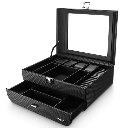 Seelux watch box for men with glass lid, lockable jewelry case for watches, rings, brooches, glasses. Gift for men, husband, boyfriend. Black.