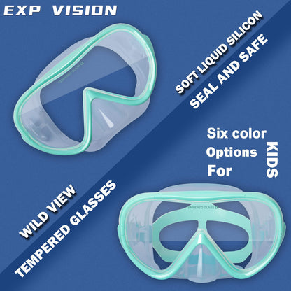 Children's snorkel mask with 180° panoramic view, anti-fog tempered glass, and silicone seal. Ideal for kids aged 4-16. Available in aqua color.