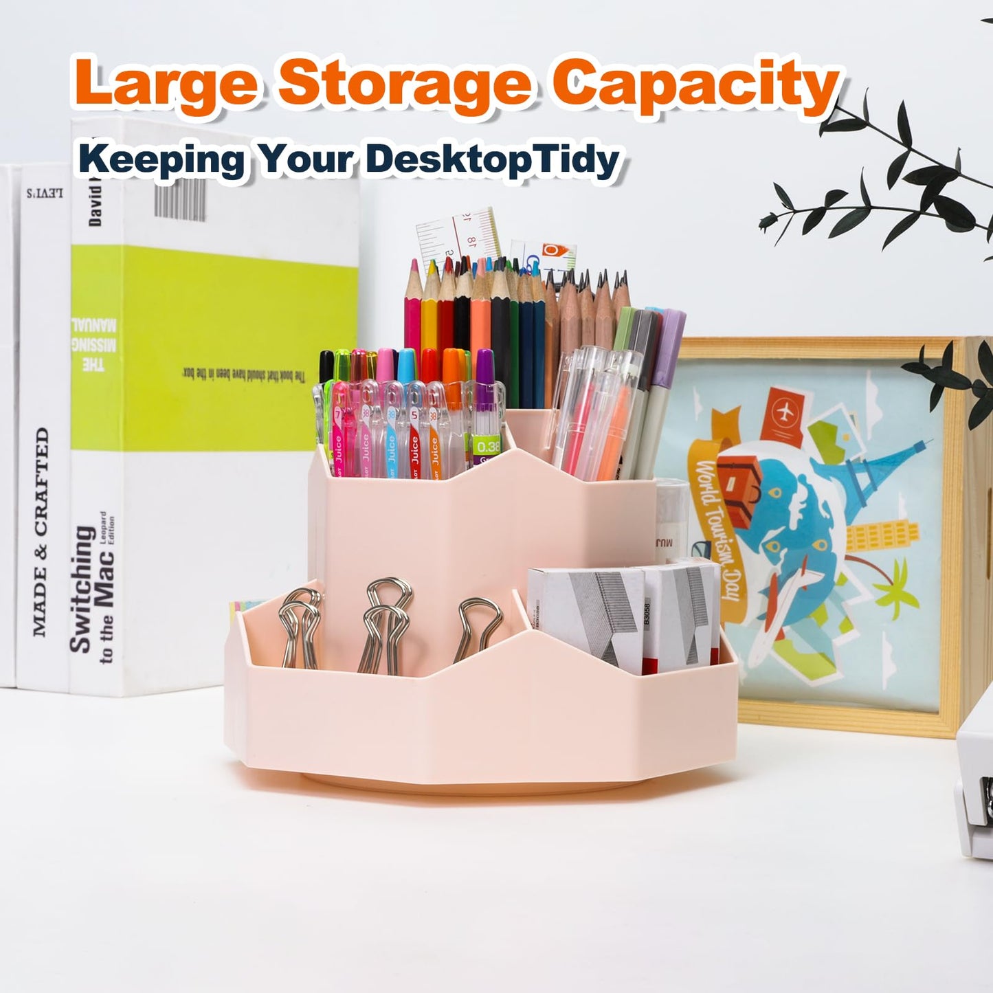 FRETONBA Rotating Pencil Holder Desk Organizer, Office Organizer Pen Organizer with 9 Compartments, 360 Degree Rotating Pen Holder, Large Capacity, Pink