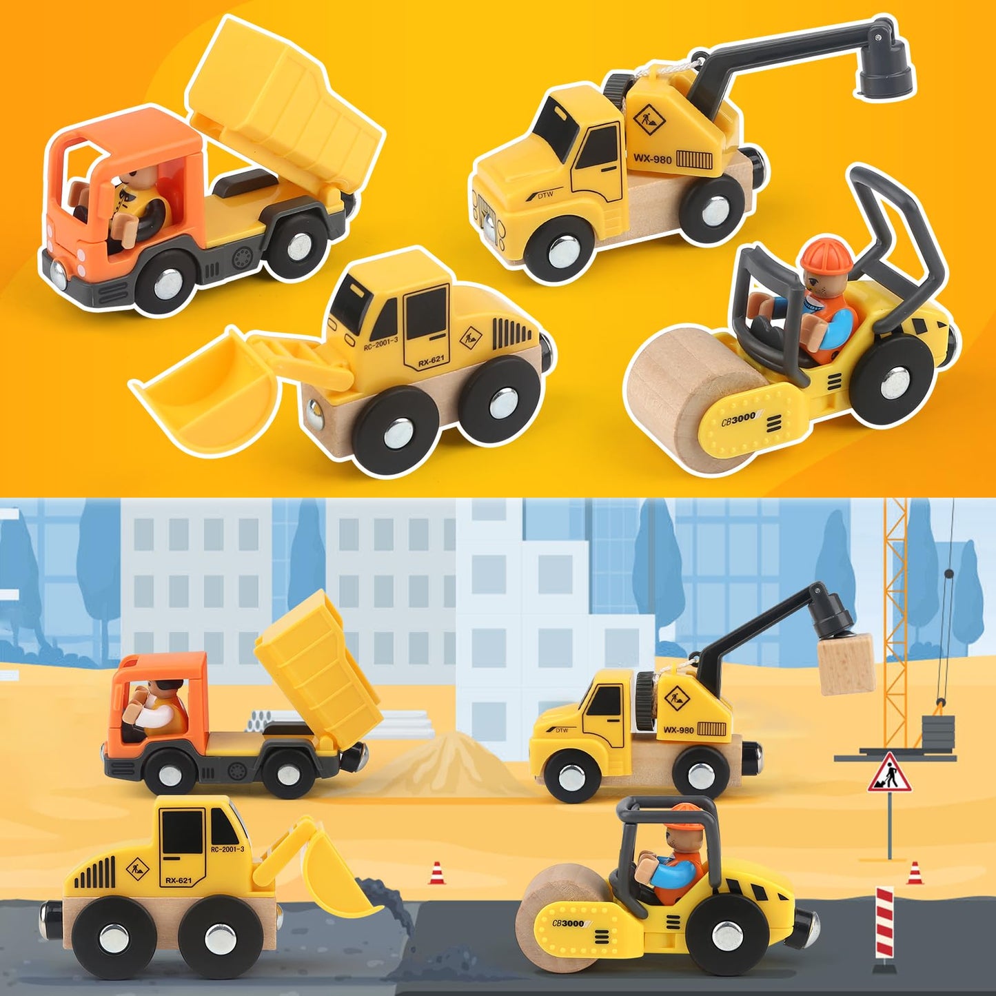 Vanplay construction vehicles kids crane toy wooden construction site toy for 3 years old boy with tower crane excavator crane truck dump truck road roller gift 3 4 5 years old boy