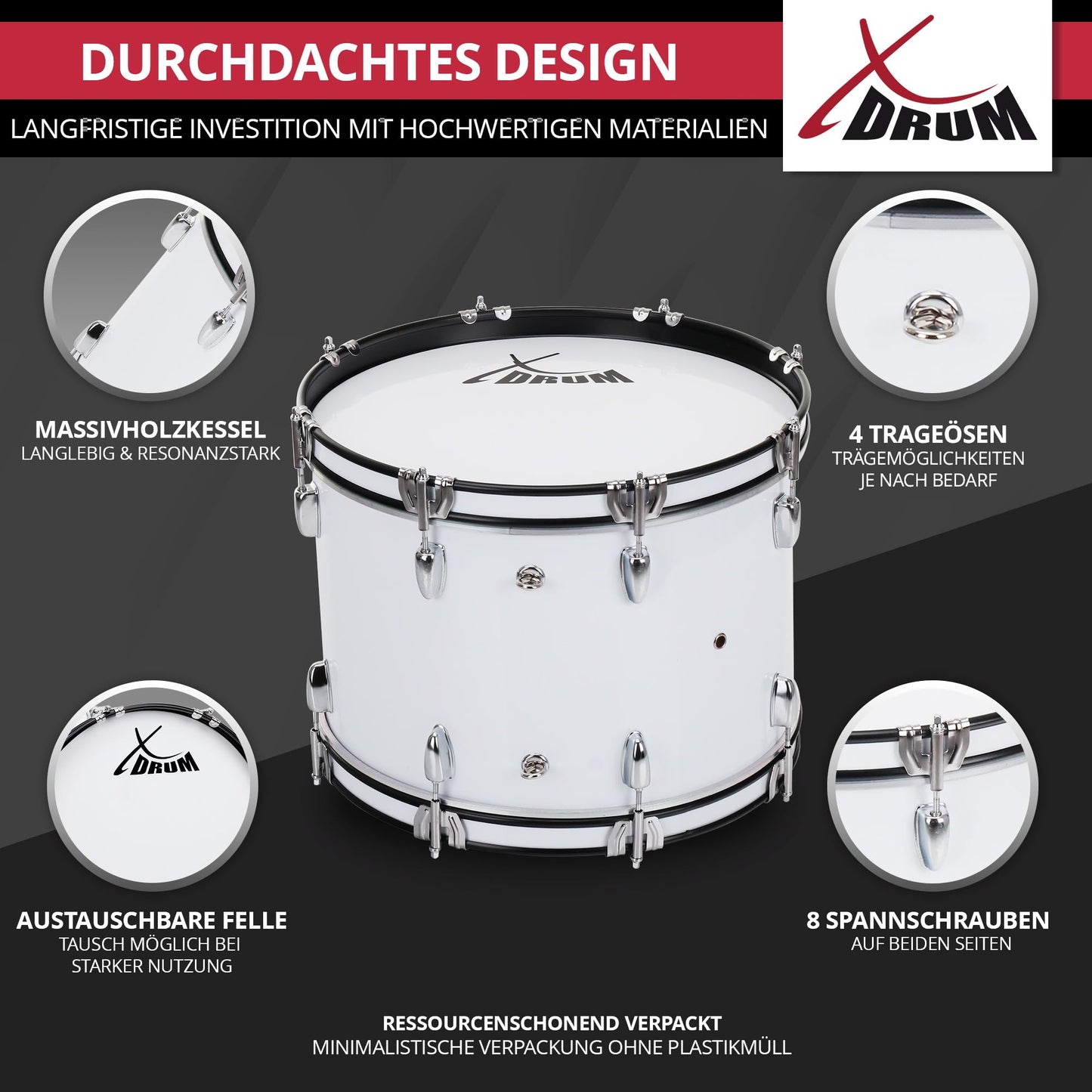 XDrum MBD-226 Marching Bass Drum, Football Drum 26" x 12" (10.5 kg, 4 eyelets, tension rods, includes pair of mallets, carrying straps, tuning key) white