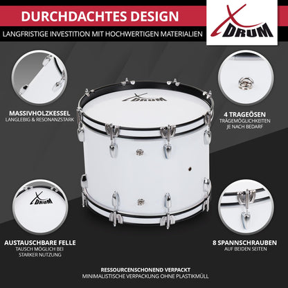 XDrum MBD-226 Marching Bass Drum, Football Drum 26" x 12" (10.5 kg, 4 eyelets, tension rods, includes pair of mallets, carrying straps, tuning key) white