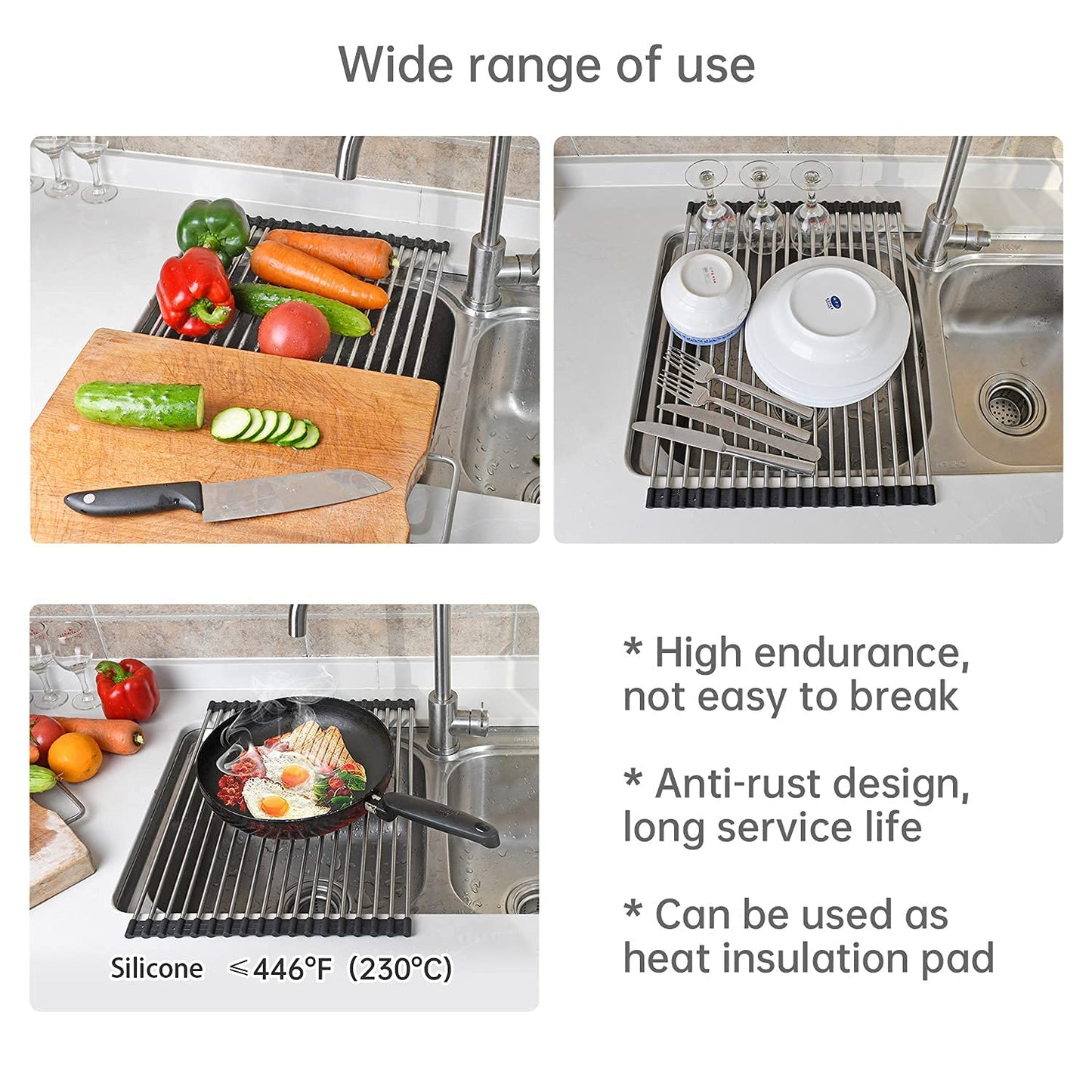 ARAIny Expandable Large Dish Drying Rack, roll-up heat-resistant drying rack for stainless steel sinks, collapsible over non-slip silicone rolling mat (18 stainless steel rods 54x33cm)
