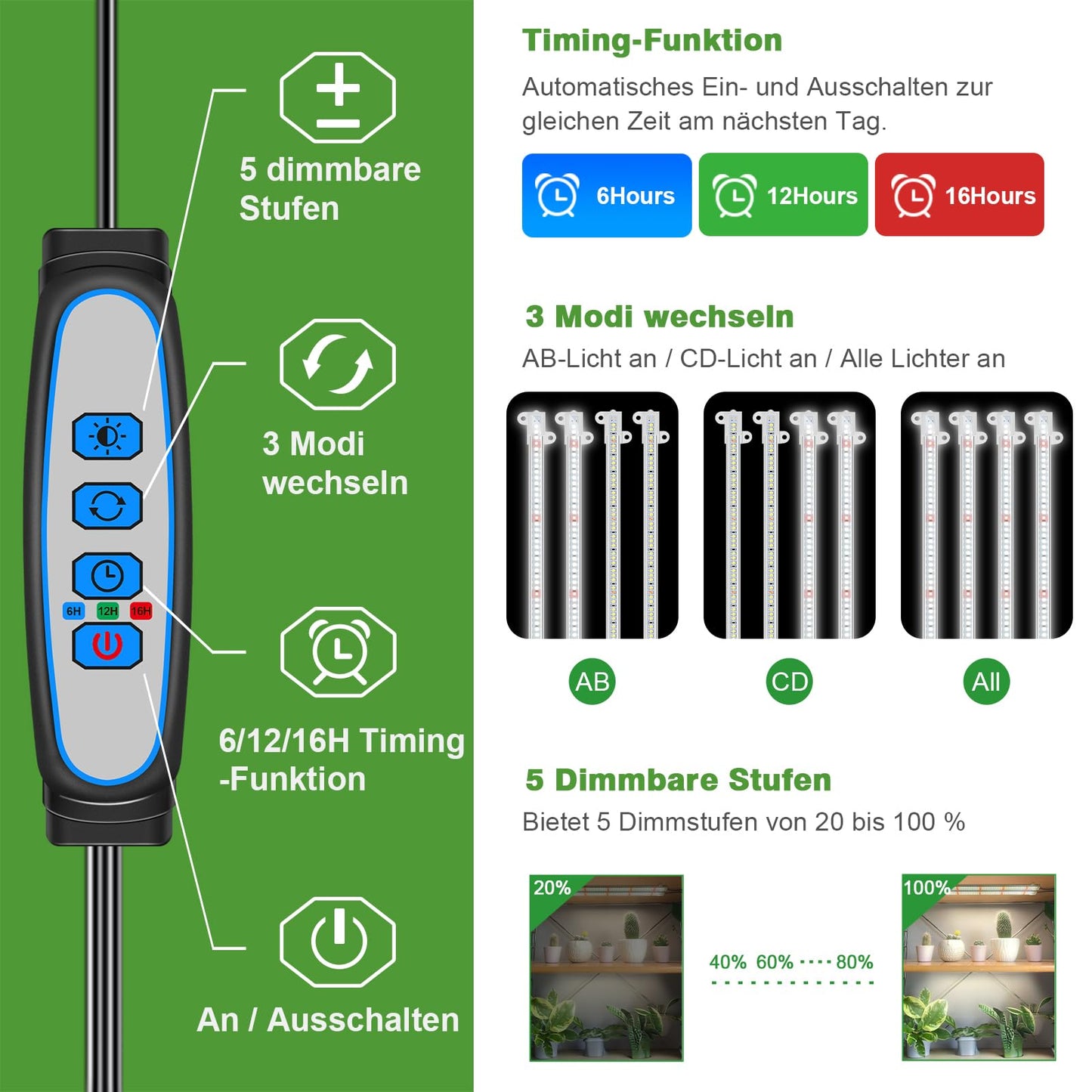 Wiaxulay LED Full Spectrum Plant Lamp, 6000K Plant Light for Plants, Growth Lights for Indoor Plants, Growth Light Strip with Auto Timer 6/12/16H, 5 Level Dimmable.