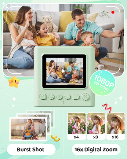 TIATUA Kids Instant Camera, 2.4" Instant Camera for Kids with 32G Card and Photo Paper Print, 1080P HD Kids Digital Camera, Gifts for Boys and Girls 3-12 Years (Green)