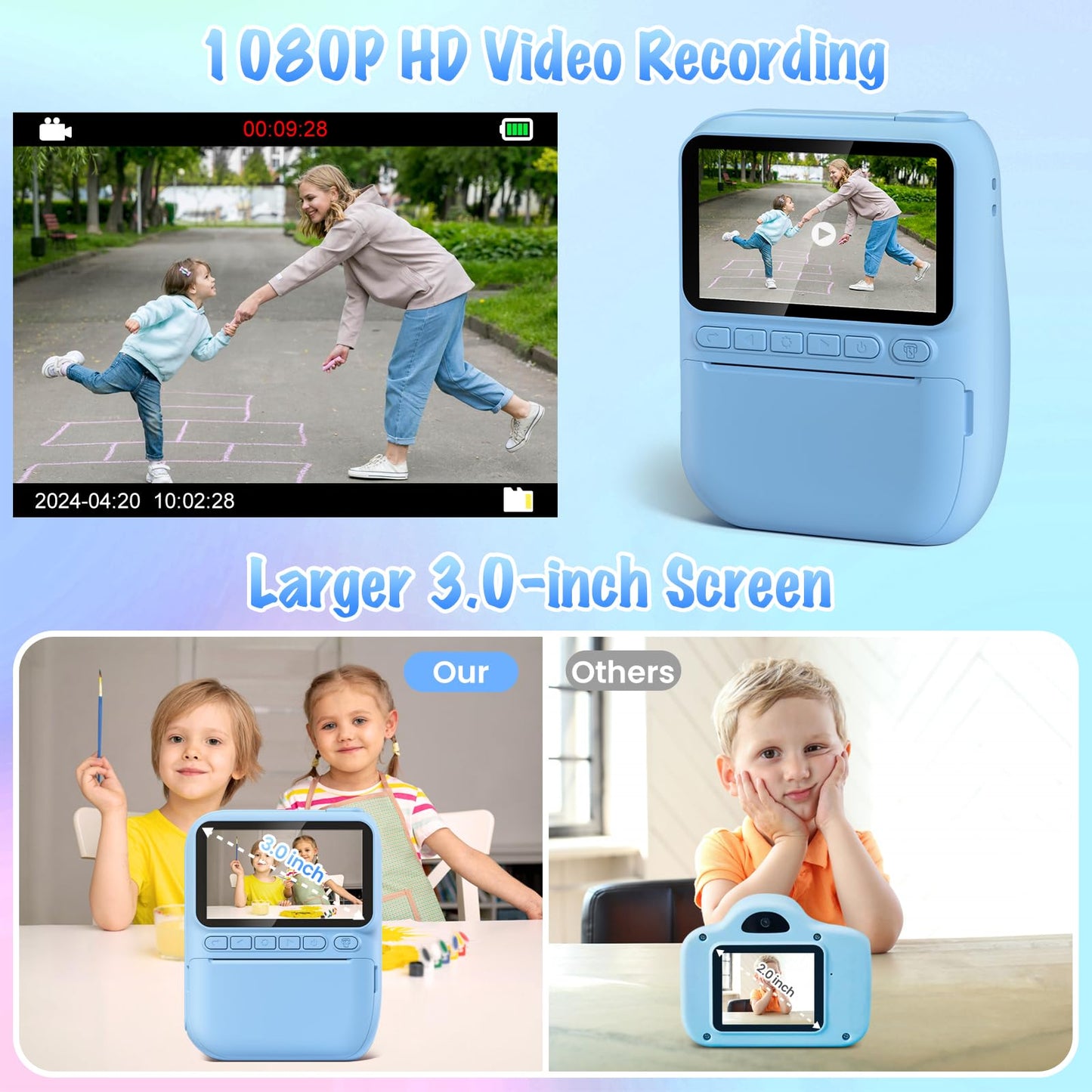 Gofunly Instant Camera for Kids, 3.0 inch Screen Kids Camera with 32GB Card & Printing Paper, 14MP/1080P Kids Instant Print Camera, Gift for 3-12 Years (Blue)