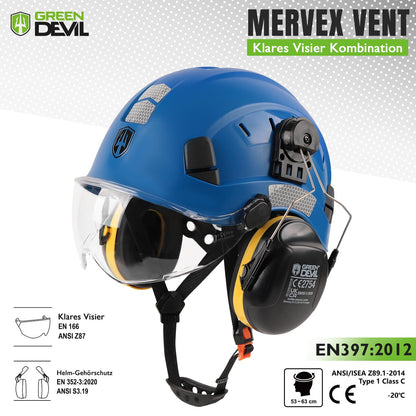 GREEN DEVIL 3-in-1 Forestry Helmet Safety Helmet Construction Helmetcomplying with EN397, High-strength ABS structure helmet, with visor and ear protection ear muffs, stable 6-point attachment