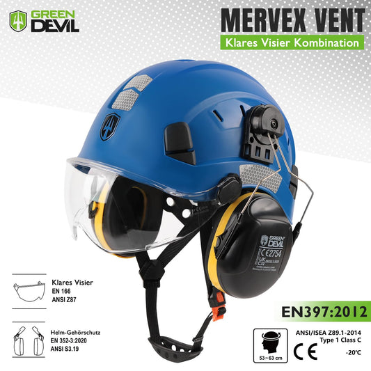 GREEN DEVIL 3-in-1 Forestry Helmet Safety Helmet Construction Helmetcomplying with EN397, High-strength ABS structure helmet, with visor and ear protection ear muffs, stable 6-point attachment