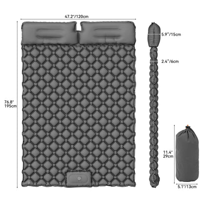 YITAHOME self-inflating sleeping pad for 2 people, 195x120, ultralight camping air mattress with built-in pump and pillow. Comes with carrying bag and foot pump for travel. (Dark Grey)