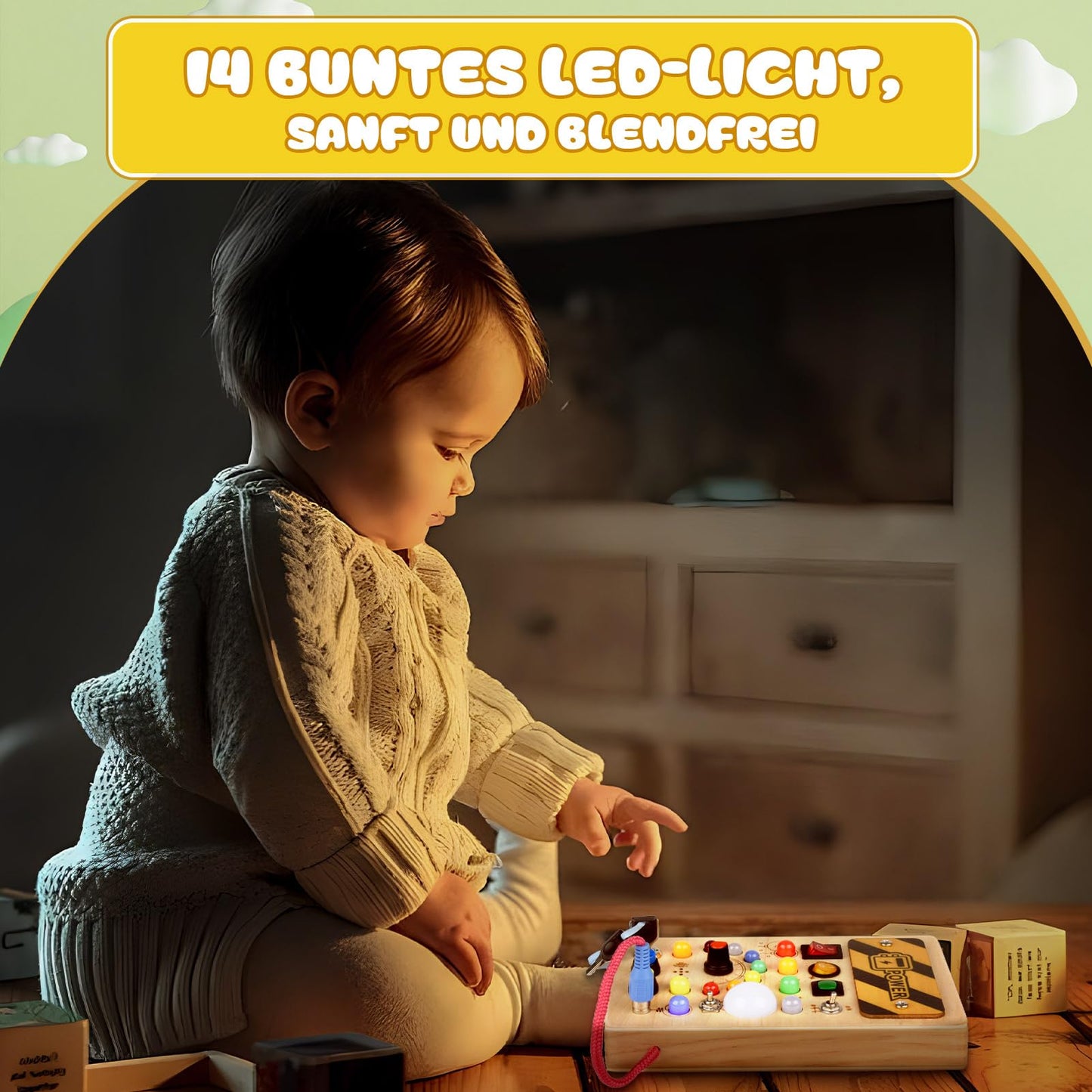 YIKANWEN Montessori Busy Board Toy for 1 2 3 Year olds, wooden toy with music and 10 LED light switch sensory learning toy for babies toddlers boys girls aged 1 2 3 4 years