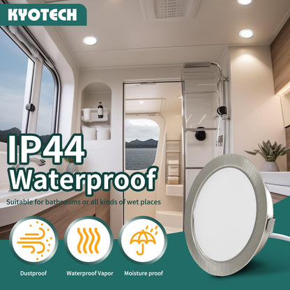 KYOTECH 6-pack of 230V LED furniture lights, 3.5W LED IP44 G4 15mm flat furniture recessed spotlights in brushed stainless steel look, 3000K warm white, kitchen hood light, bathroom spotlight.